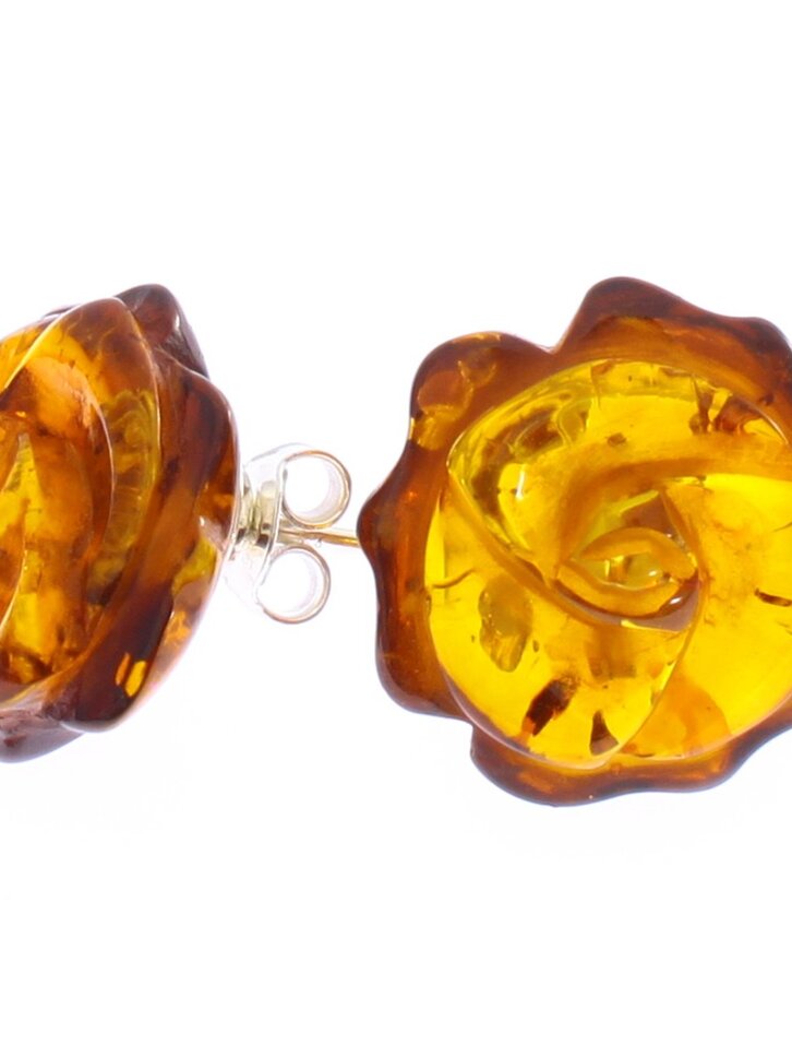 Výpredaj Strieborné zapichovacie náušnice s jantárom Ruže