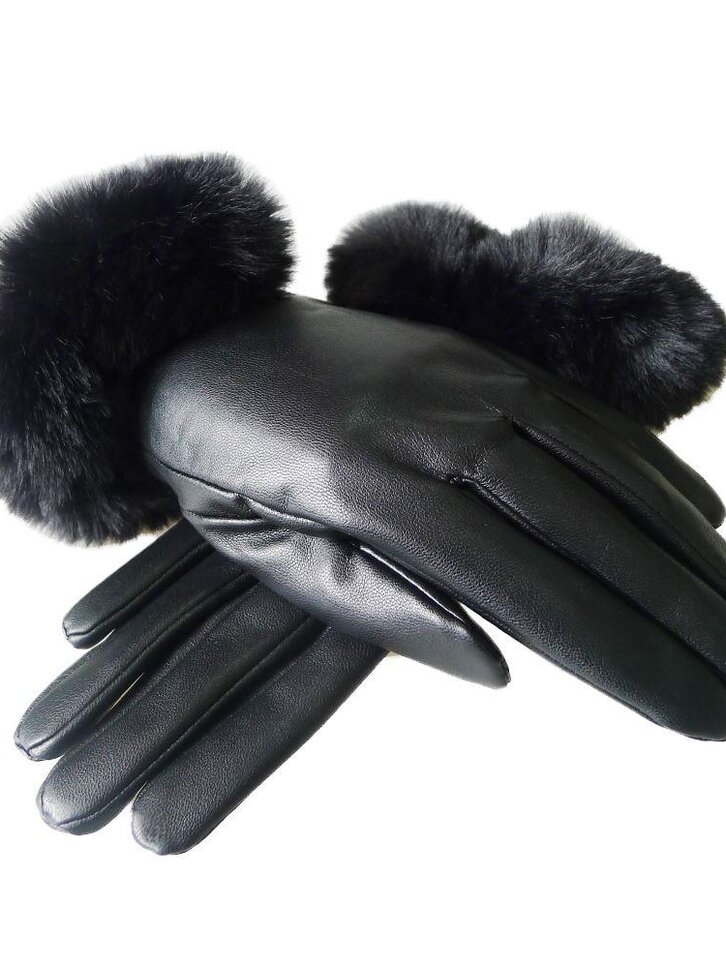 Výpredaj Čierne rukavice z PU kože s čiernou kožušinkou