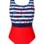 Foto Lustiger einteiliger Damenbadeanzug Marinestreifen 